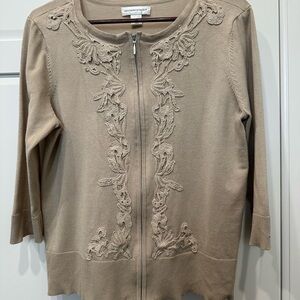 Christopher & Banks Taupe Embroidered Cardigan,large,3/4 sleeve,cottagecore